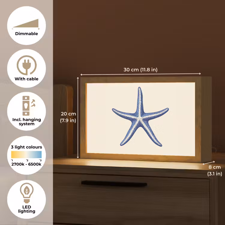 Blauwe zeester - Minimalistisch - Beige Light Box met kabel (Tafellamp) klein -USP_EN