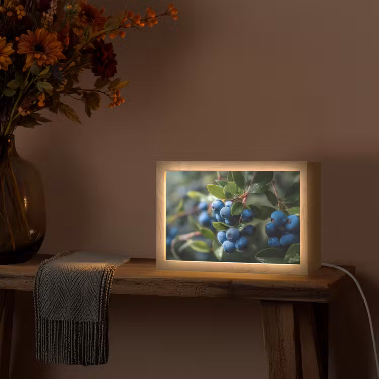 Blauwe bessen - Dauwdruppels - Natuurlijk licht Light Box met kabel (Tafellamp) klein -sfeer4