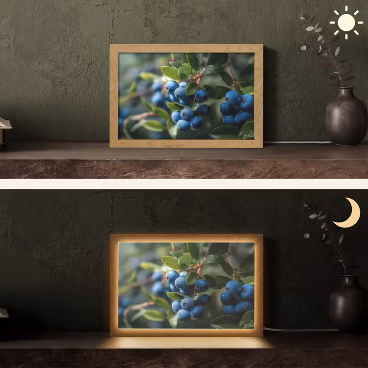 Blauwe bessen - Dauwdruppels - Natuurlijk licht Light Box met kabel (Tafellamp) klein -sfeer3