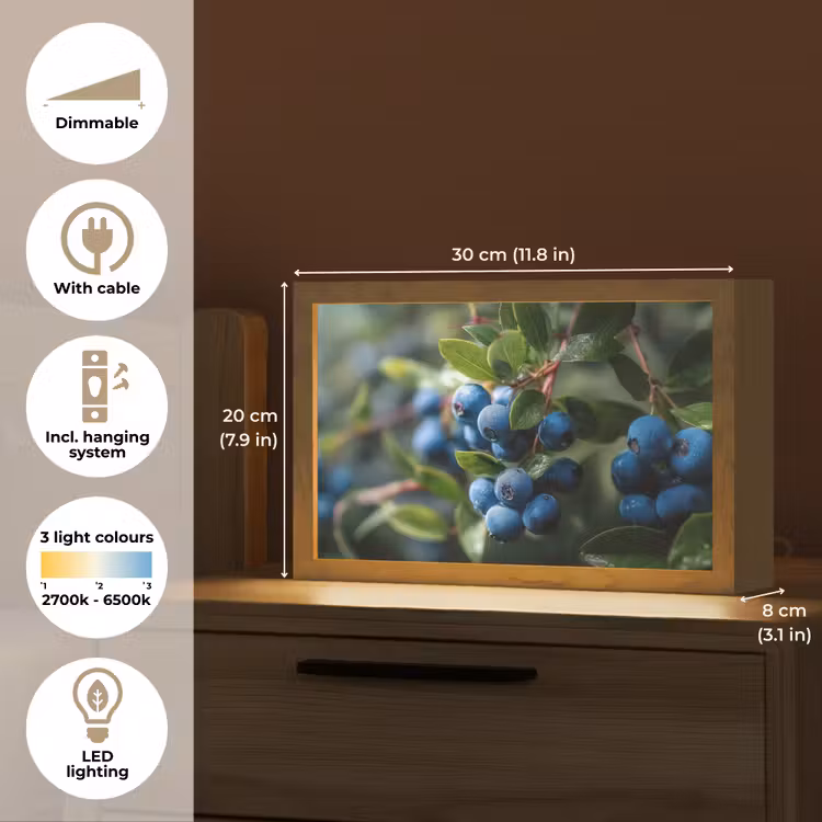 Blauwe bessen - Dauwdruppels - Natuurlijk licht Light Box met kabel (Tafellamp) klein -USP_EN