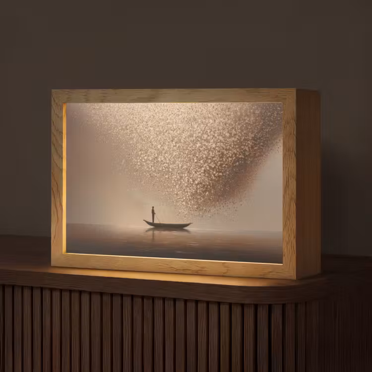 Bootje - Blaadjes - Goud - Water Light Box met kabel (Tafellamp) klein -z3d_website