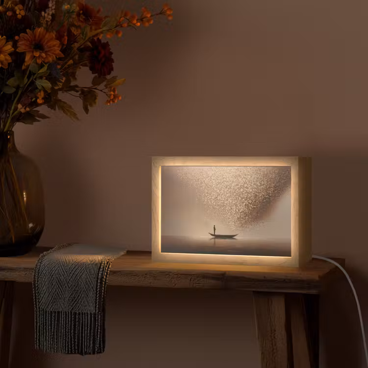 Bootje - Blaadjes - Goud - Water Light Box met kabel (Tafellamp) klein -sfeer4