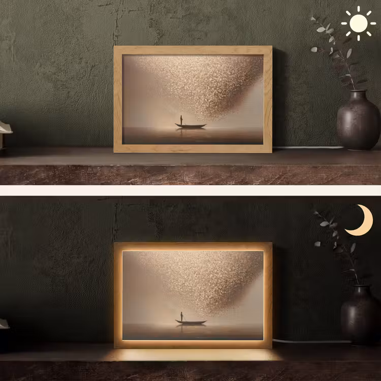 Bootje - Blaadjes - Goud - Water Light Box met kabel (Tafellamp) klein -sfeer3
