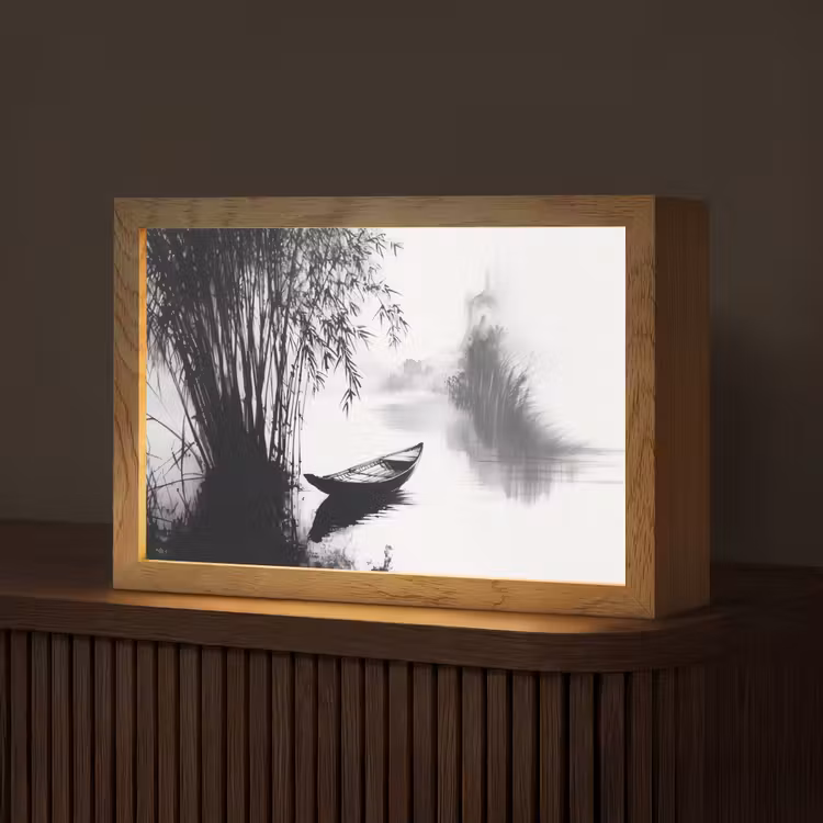Boot - Rivier - Bamboe - Wit Light Box met kabel (Tafellamp) klein -z3d_website