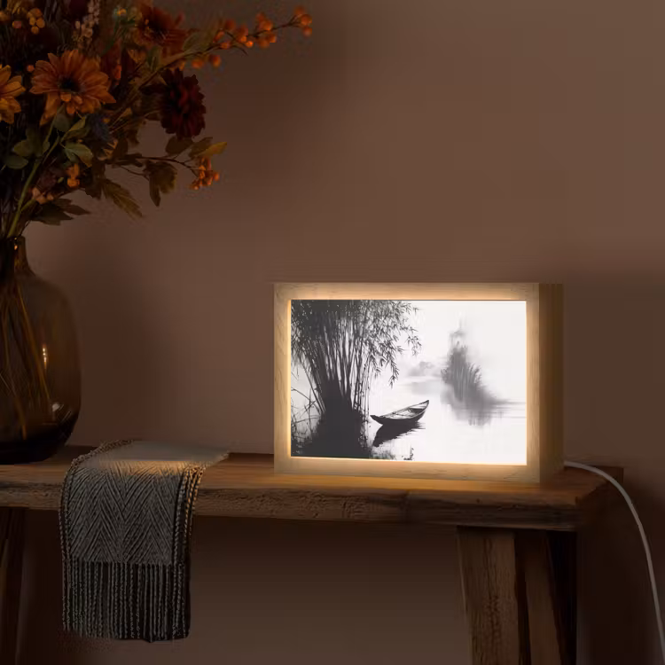 Boot - Rivier - Bamboe - Wit Light Box met kabel (Tafellamp) klein -sfeer4