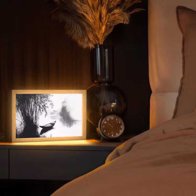 Boot - Rivier - Bamboe - Wit Light Box met kabel (Tafellamp) klein -sfeer1