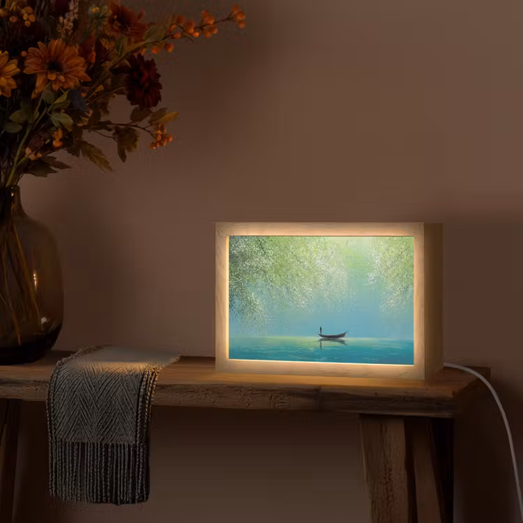 Bootje - Water - Bladeren - Bloesems Light Box met kabel (Tafellamp) klein -sfeer4