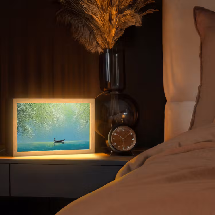 Bootje - Water - Bladeren - Bloesems Light Box met kabel (Tafellamp) klein -sfeer1