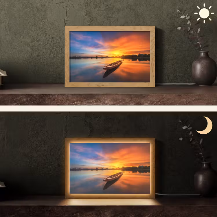 Boot - Water - Zonsondergang - Oranje - Water Light Box met kabel (Tafellamp) klein -sfeer3