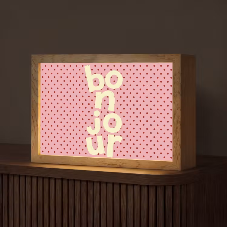 Bonjour - Stippen - Roze- Geel Light Box met kabel (Tafellamp) klein -z3d_website