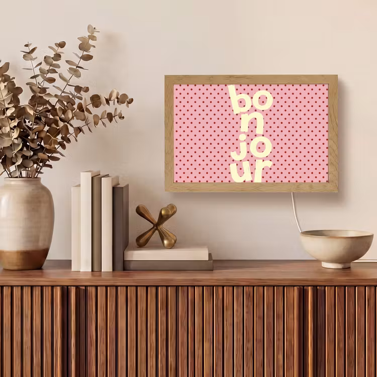 Bonjour - Stippen - Roze- Geel Light Box met kabel (Tafellamp) klein -sfeer2