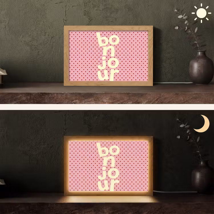 Bonjour - Stippen - Roze- Geel Light Box met kabel (Tafellamp) klein -sfeer3