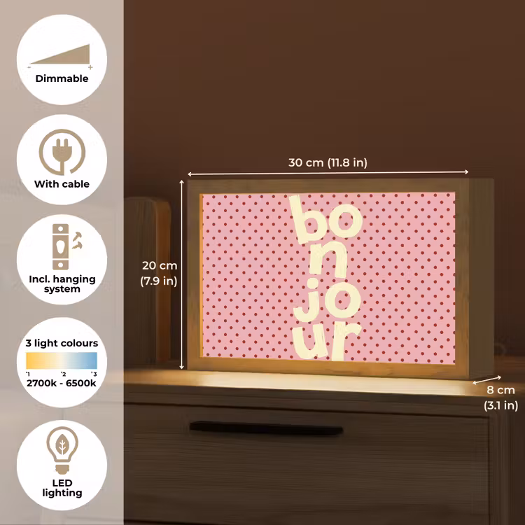 Bonjour - Stippen - Roze- Geel Light Box met kabel (Tafellamp) klein -USP_EN