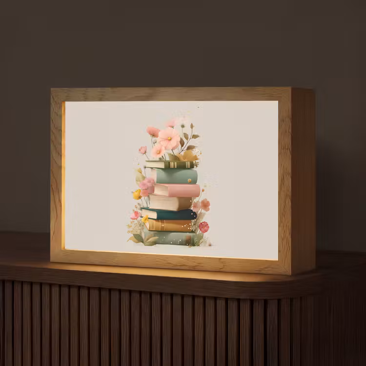 Boeken - Stapel - Bloemen - Kleurrijk Light Box met kabel (Tafellamp) klein -z3d_website