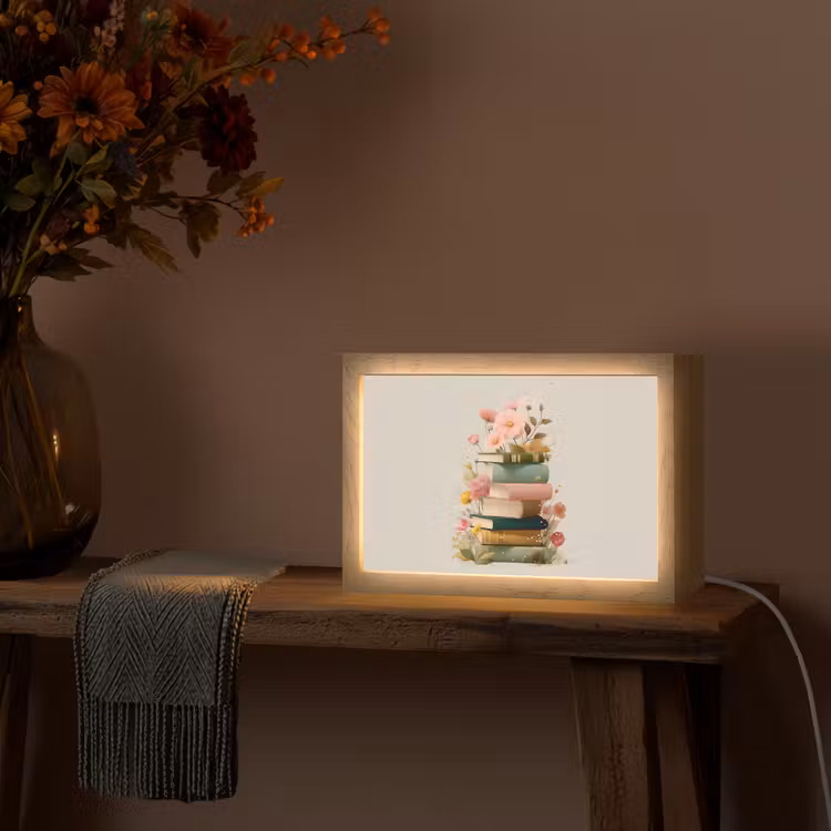 Boeken - Stapel - Bloemen - Kleurrijk Light Box met kabel (Tafellamp) klein -sfeer4