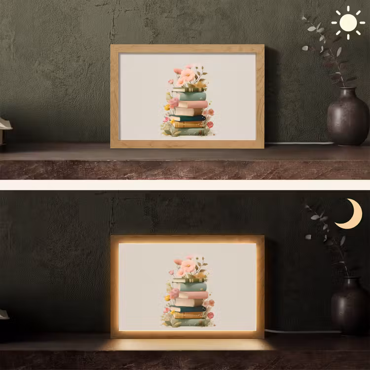 Boeken - Stapel - Bloemen - Kleurrijk Light Box met kabel (Tafellamp) klein -sfeer3