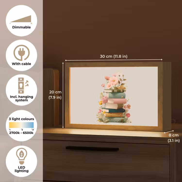 Boeken - Stapel - Bloemen - Kleurrijk Light Box met kabel (Tafellamp) klein -USP_EN