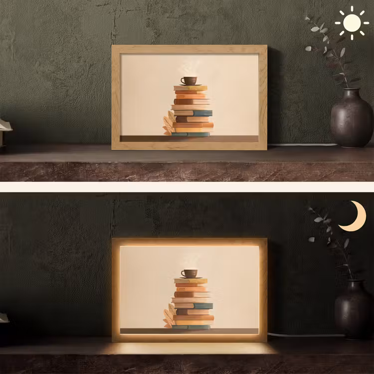 Boeken - Toren - Koffie - Beige Light Box met kabel (Tafellamp) klein -sfeer3