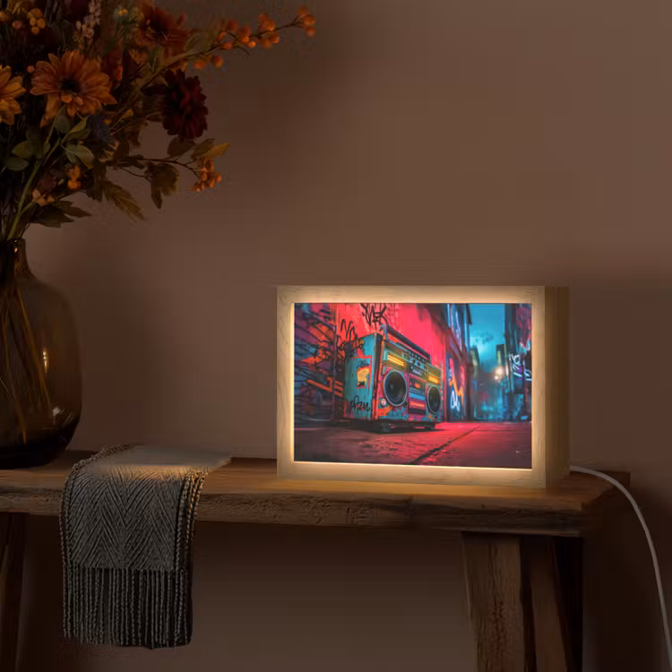 Boombox - Rood - Graffiti - Neon Light Box met kabel (Tafellamp) klein -sfeer4