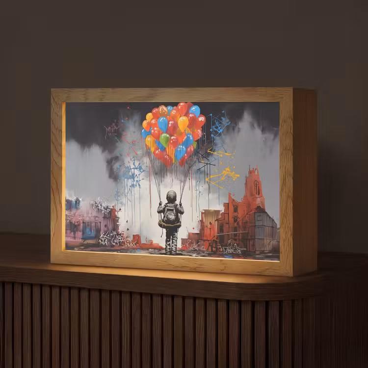 Jongen - Ballonnen - Gebouwen - Kunst Light Box met kabel (Tafellamp) klein -z3d_website