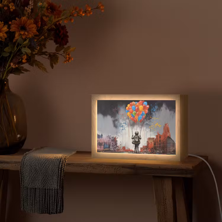 Jongen - Ballonnen - Gebouwen - Kunst Light Box met kabel (Tafellamp) klein -sfeer4