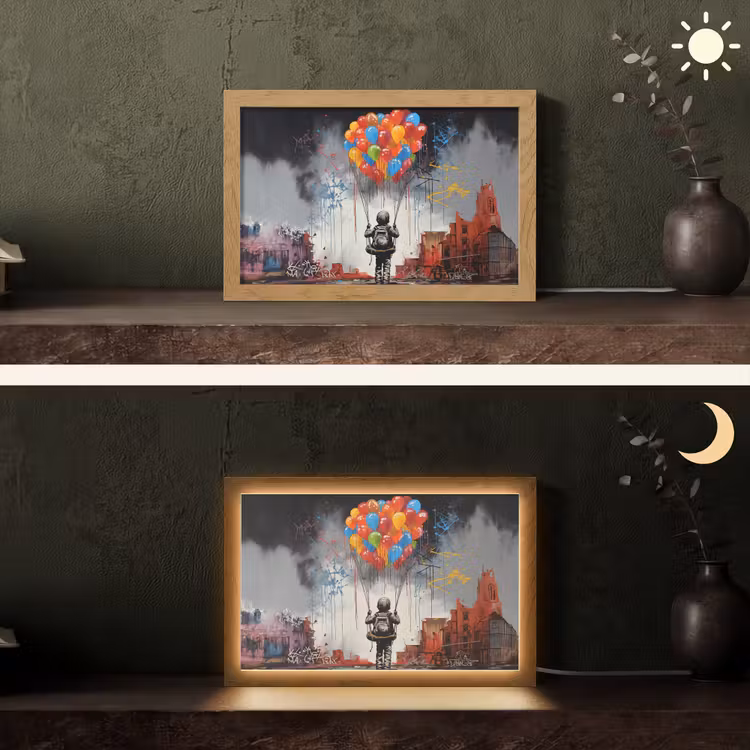 Jongen - Ballonnen - Gebouwen - Kunst Light Box met kabel (Tafellamp) klein -sfeer3