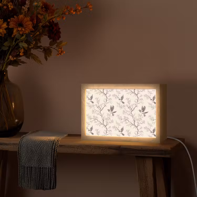 Takken - Vogels - Beige Light Box met kabel (Tafellamp) klein 924 -sfeer4