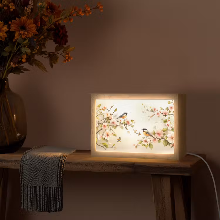 Takken - Bloemen - Vogeltjes - Roze Light Box met kabel (Tafellamp) klein -sfeer4