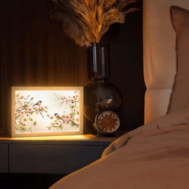 Takken - Bloemen - Vogeltjes - Roze Light Box met kabel (Tafellamp) klein -sfeer1