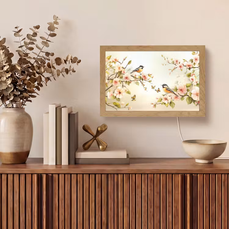 Takken - Bloemen - Vogeltjes - Roze Light Box met kabel (Tafellamp) klein -sfeer2