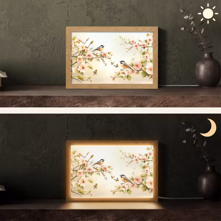 Takken - Bloemen - Vogeltjes - Roze Light Box met kabel (Tafellamp) klein -sfeer3