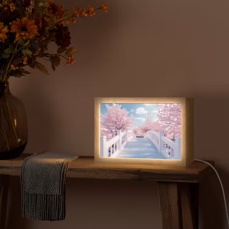 Brug - Kersenbomen - Wit Light Box met kabel (Tafellamp) klein -sfeer4