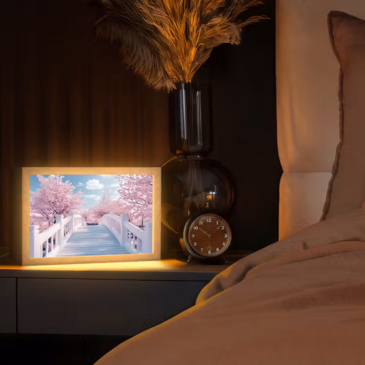 Brug - Kersenbomen - Wit Light Box met kabel (Tafellamp) klein -sfeer1