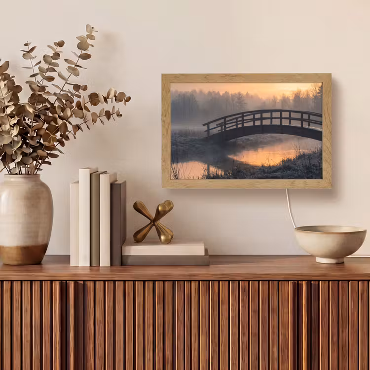Brug - Mist - Bomen - Water Light Box met kabel (Tafellamp) klein -sfeer2