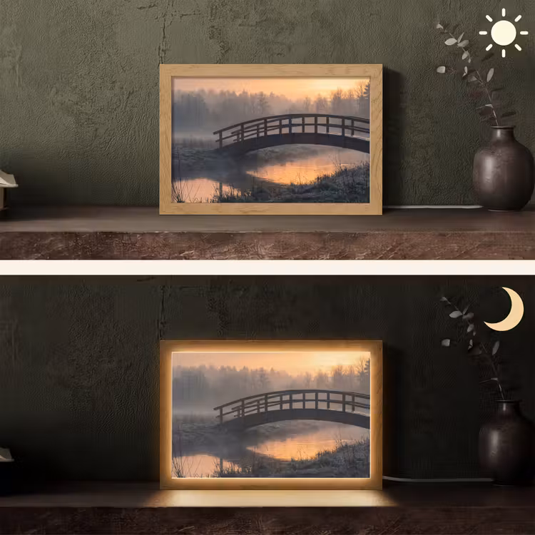 Brug - Mist - Bomen - Water Light Box met kabel (Tafellamp) klein -sfeer3