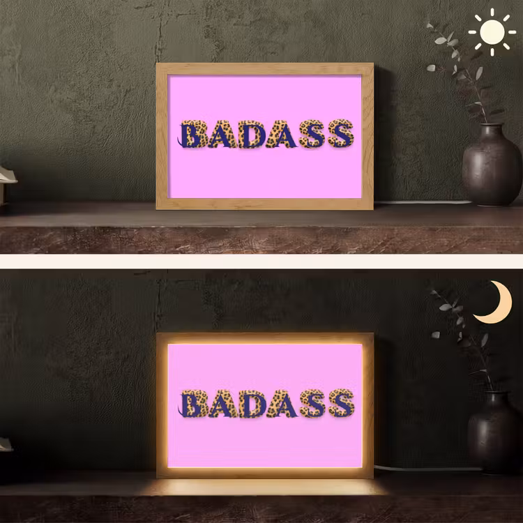 Felroze - Badass - Panterprint - Schaduw Light Box met kabel (Tafellamp) klein -sfeer3