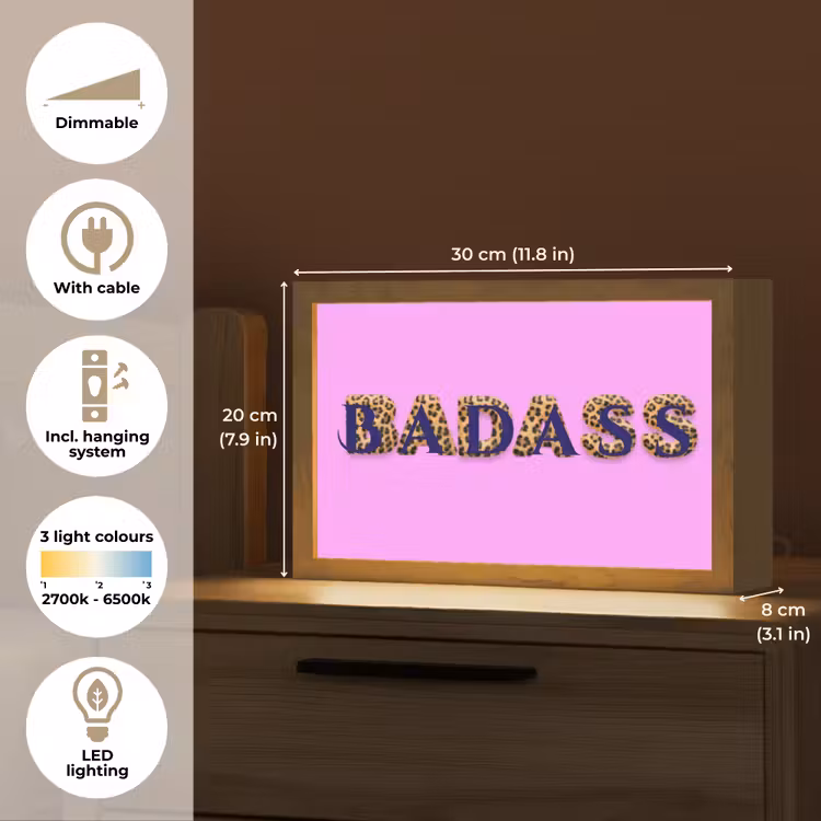 Felroze - Badass - Panterprint - Schaduw Light Box met kabel (Tafellamp) klein -USP_EN