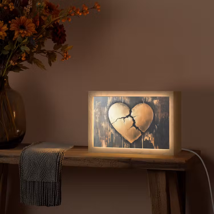 Gebroken hart - Goud - Houtlook - Liefde Light Box met kabel (Tafellamp) klein -sfeer4