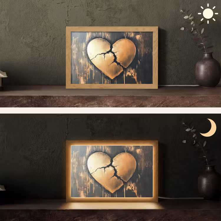 Gebroken hart - Goud - Houtlook - Liefde Light Box met kabel (Tafellamp) klein -sfeer3