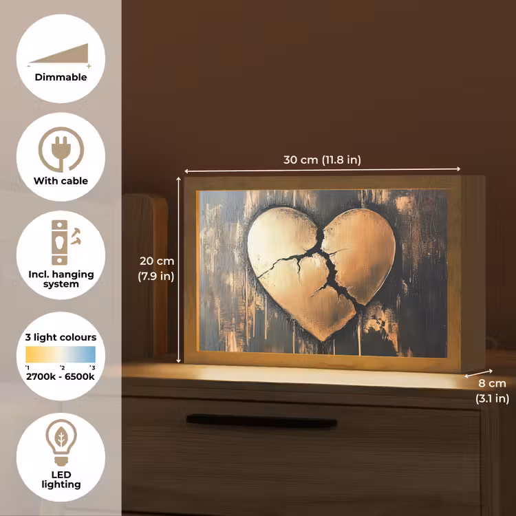 Gebroken hart - Goud - Houtlook - Liefde Light Box met kabel (Tafellamp) klein -USP_EN