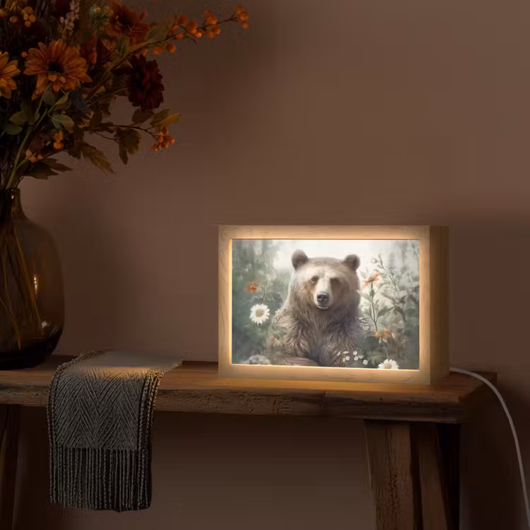 Bruine beer - Wilde dieren - Bloemen - Planten Light Box met kabel (Tafellamp) klein -sfeer4