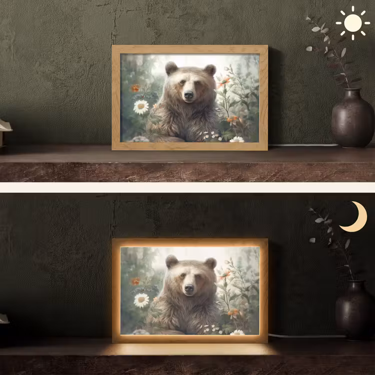 Bruine beer - Wilde dieren - Bloemen - Planten Light Box met kabel (Tafellamp) klein -sfeer3