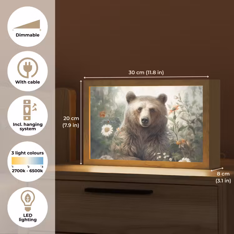 Bruine beer - Wilde dieren - Bloemen - Planten Light Box met kabel (Tafellamp) klein -USP_EN