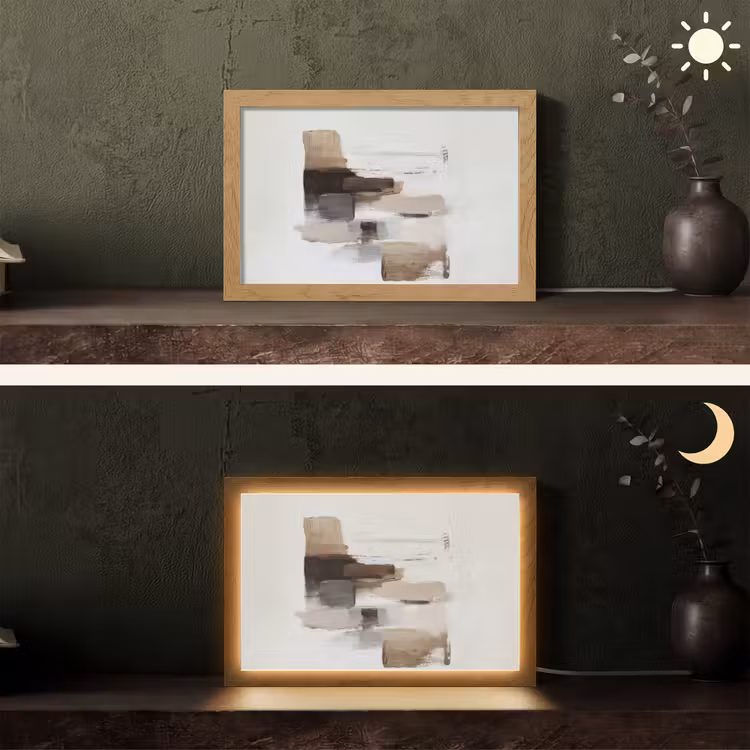 Penseelstreken - Balans - Beige - Bruin Light Box met kabel (Tafellamp) klein -sfeer3