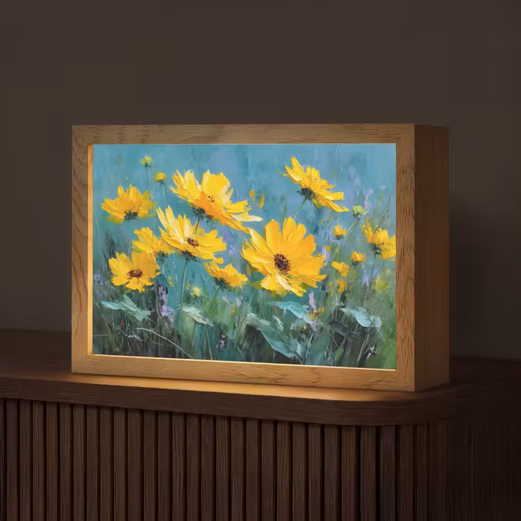 Penseelstreken - Bloemen - Felgeel - Abstract Light Box met kabel (Tafellamp) klein -z3d_website