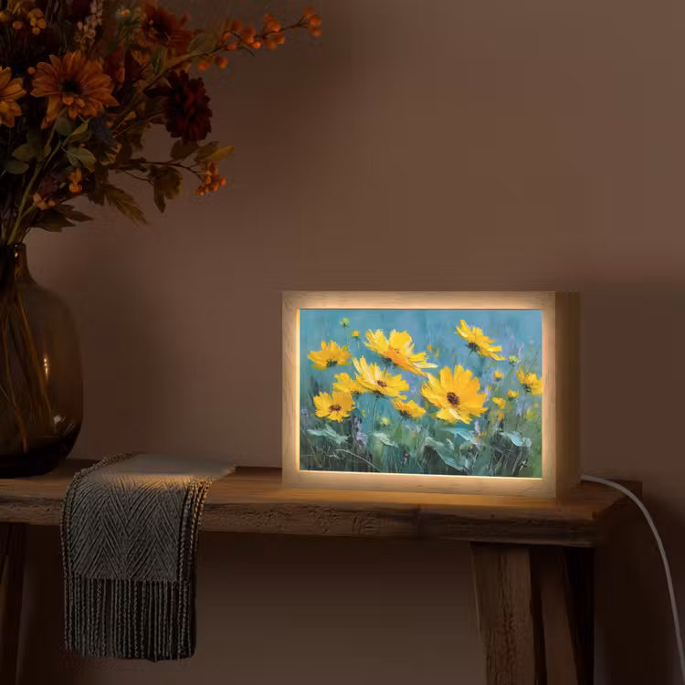 Penseelstreken - Bloemen - Felgeel - Abstract Light Box met kabel (Tafellamp) klein -sfeer4