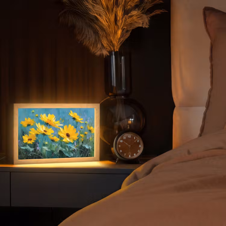 Penseelstreken - Bloemen - Felgeel - Abstract Light Box met kabel (Tafellamp) klein -sfeer1