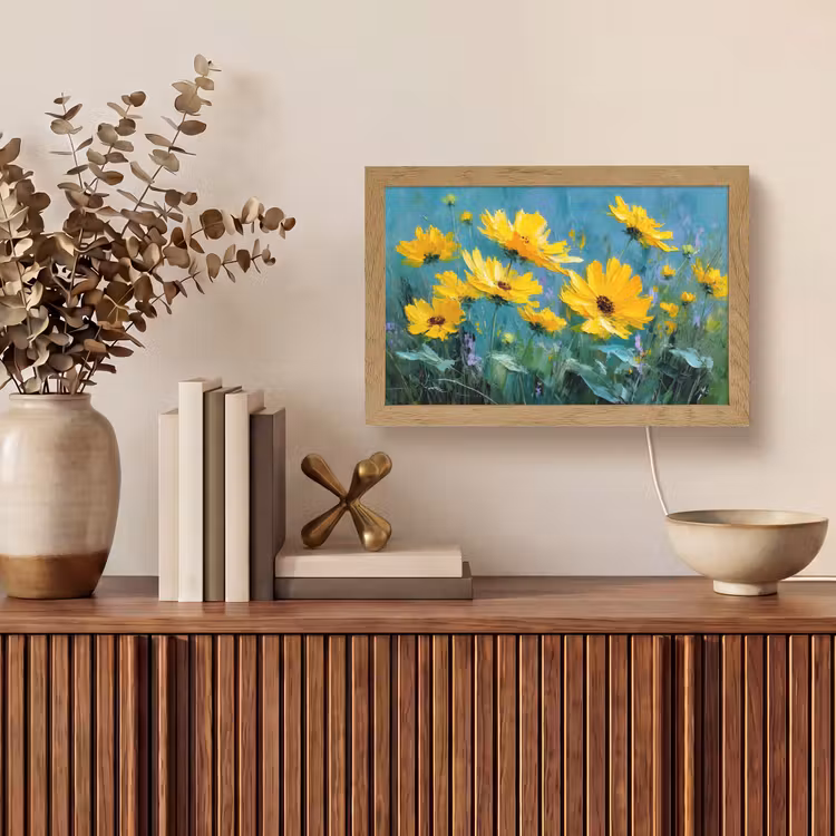 Penseelstreken - Bloemen - Felgeel - Abstract Light Box met kabel (Tafellamp) klein -sfeer2