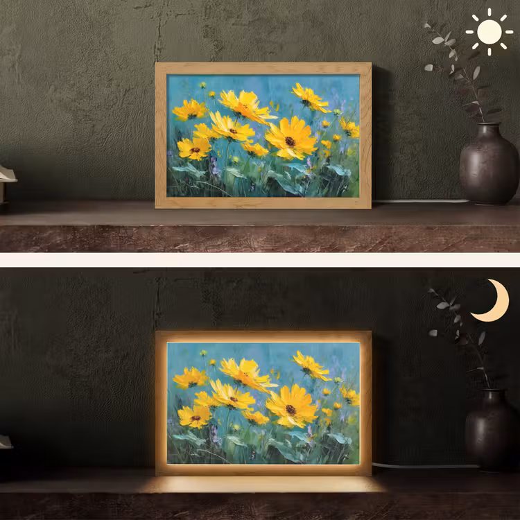 Penseelstreken - Bloemen - Felgeel - Abstract Light Box met kabel (Tafellamp) klein -sfeer3