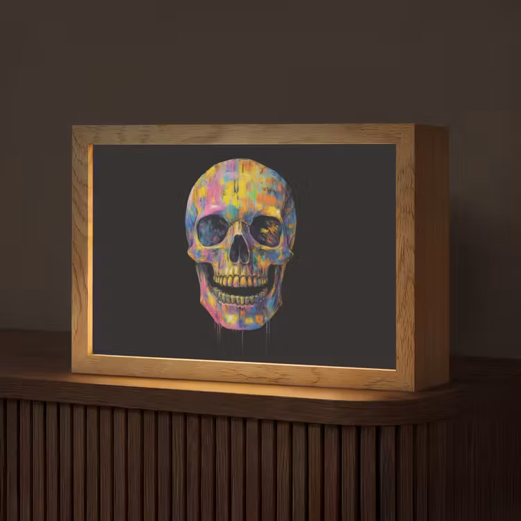 Penseelstreken - Schedel - Kleurrijk - Abstract Light Box met kabel (Tafellamp) klein -z3d_website